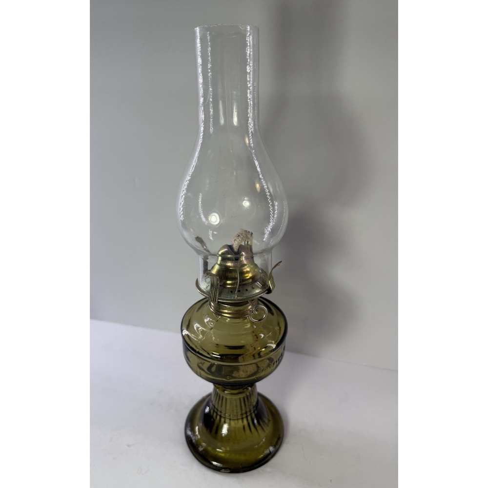 Vintage Goldfish Green Glass Kerosene Oil Lamp Ribbed Pedestal Base ~12" Cottage